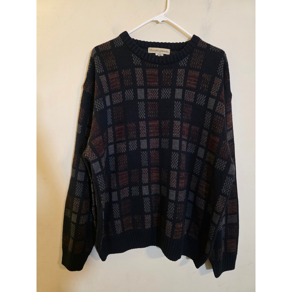 VTG Munsingwear Mens XL Knit Sweater Crew Neck Grid Pattern Multi-Color Acrylic
